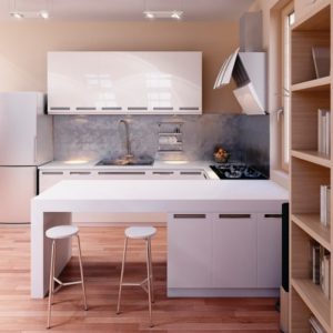 Représentation 3D d'un intérieur de cuisine moderne - meubles avec une finition moyen brillant